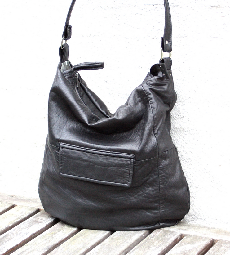 Black, soft like a butter, lamb leather city bag.